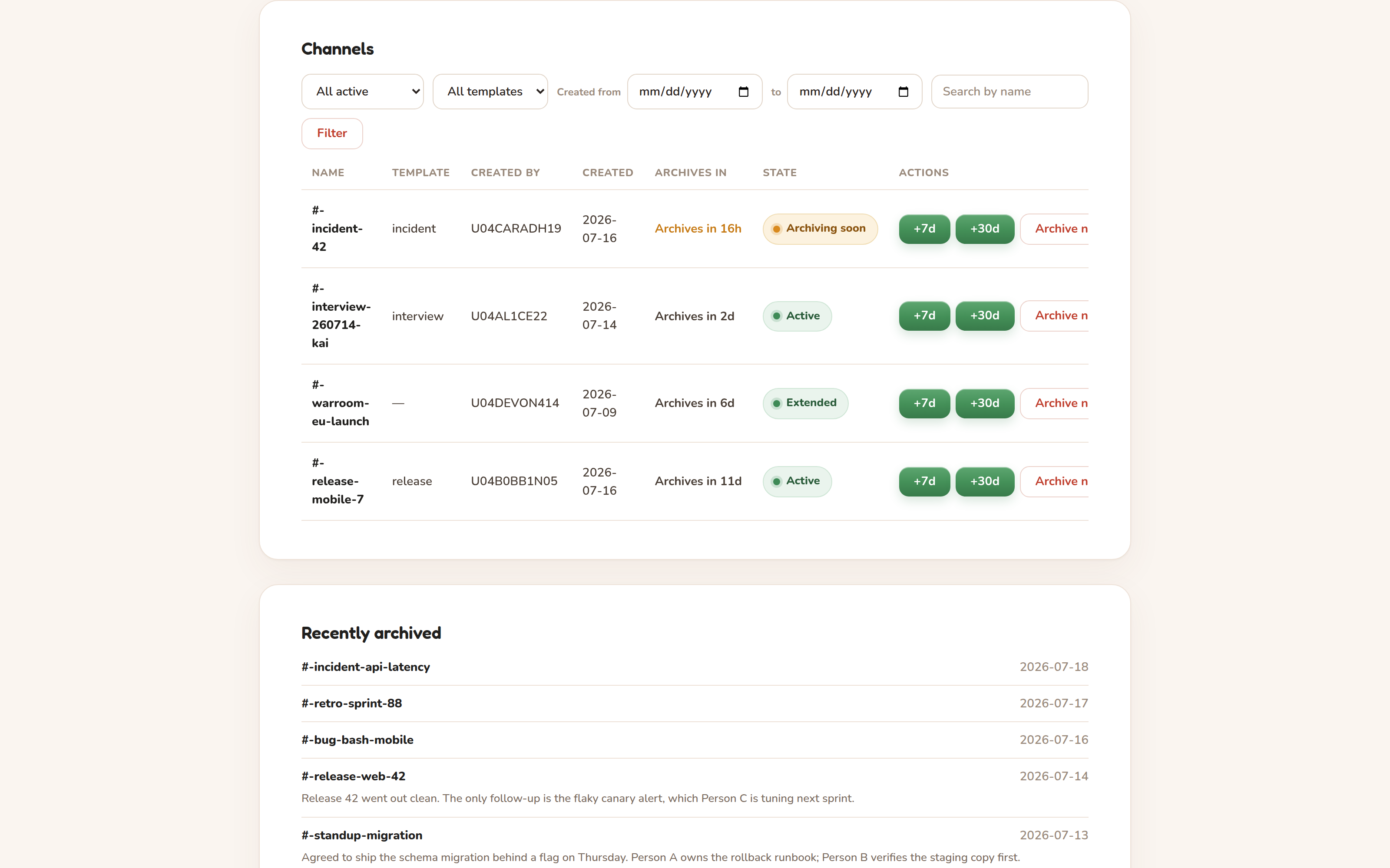 The channel table: each managed channel with its template, creator, timer, state, and extend/archive/keep actions — with recently archived channels (and their AI summaries, if enabled) below