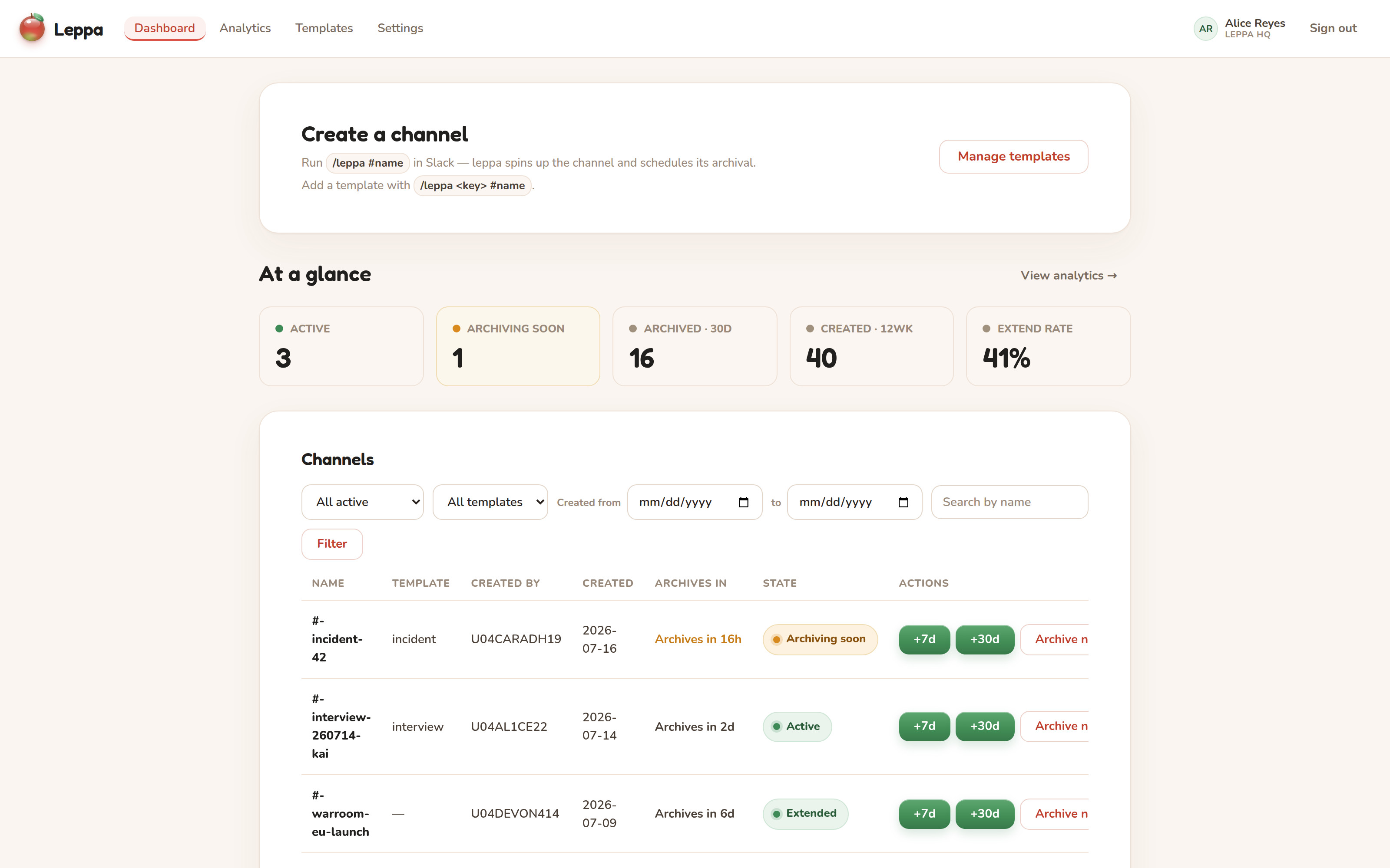The Leppa dashboard: creation shortcuts, at-a-glance counts, and the channel list