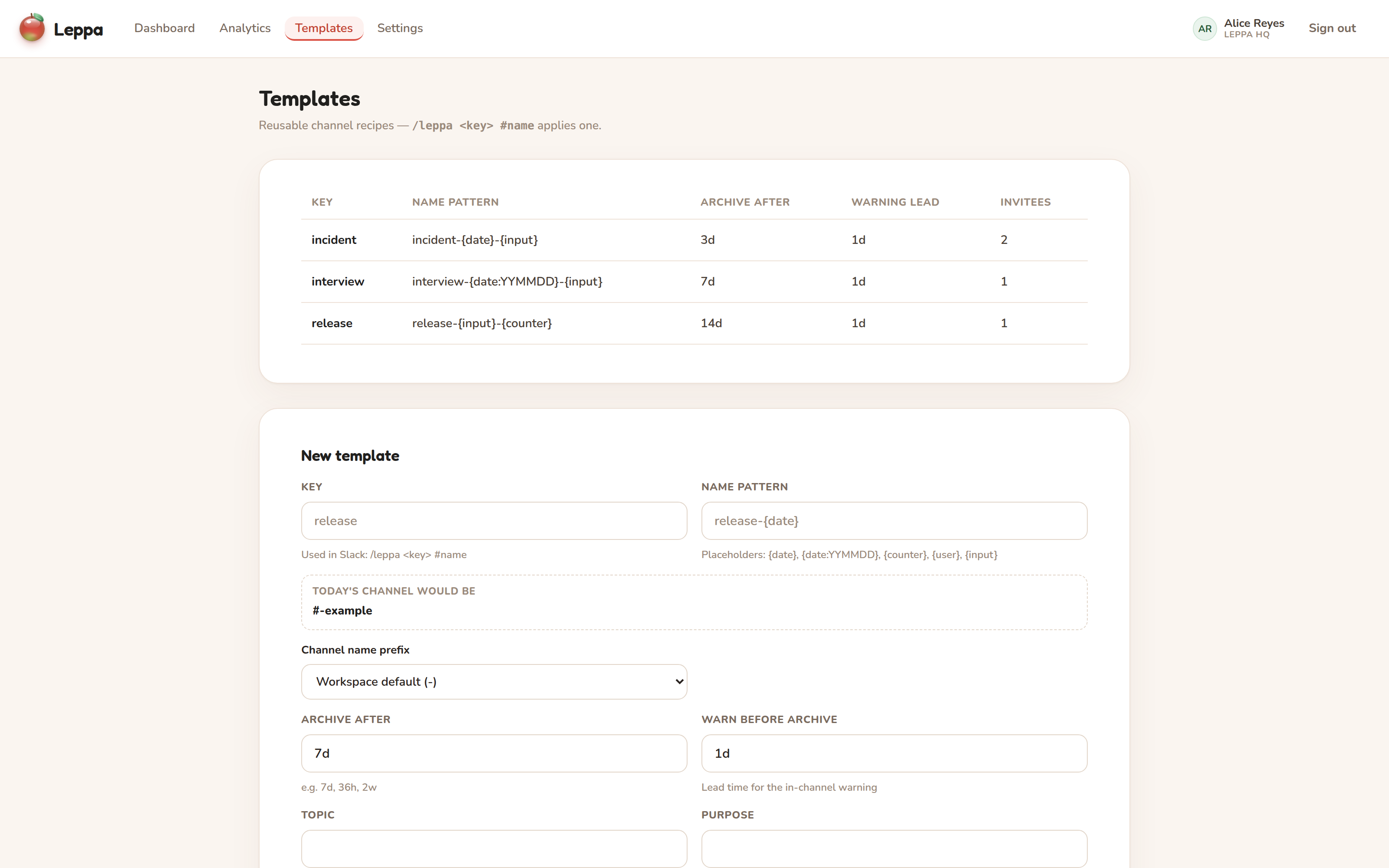 The Templates page: every template's key, name pattern, durations, and invitees at a glance
